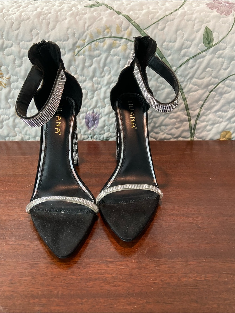 Liliana Black Rhinestone Ankle-Strap Stiletto Sandals